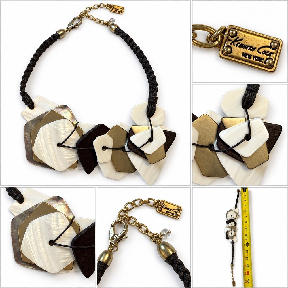 Kenneth Cole New York Statement Necklace Mother of Pearl Wood Gold Geometric